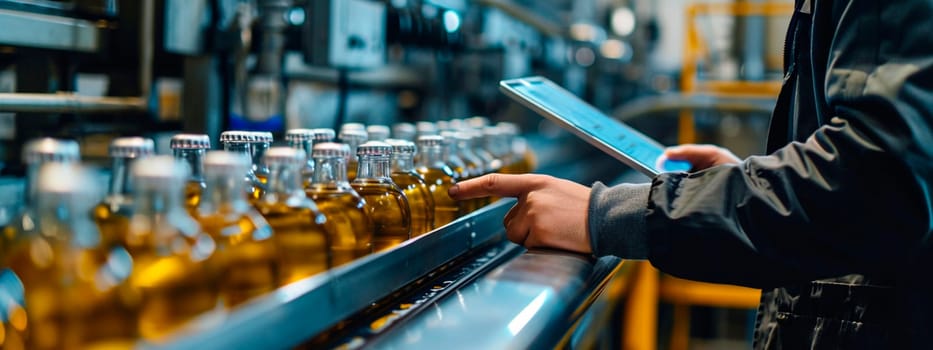 Man in production with bottles on a tablet. Selective focus. people.