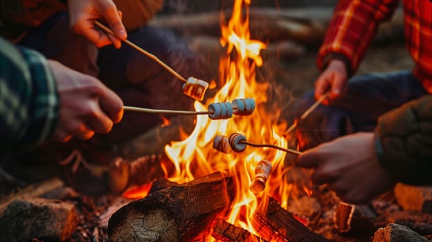 People roast marshmallows on a fire. Selective focus. Nature.