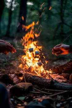 People roast marshmallows on a fire. Selective focus. Nature.