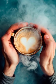 Coffee in a cup of smoke in the shape of a heart. Selective focus. Drink.