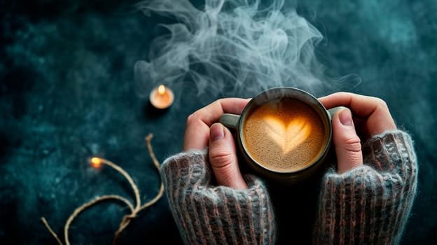 Coffee in a cup of smoke in the shape of a heart. Selective focus. Drink.