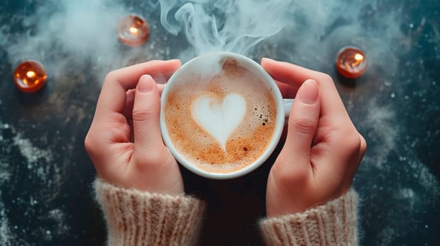 Coffee in a cup of smoke in the shape of a heart. Selective focus. Drink.