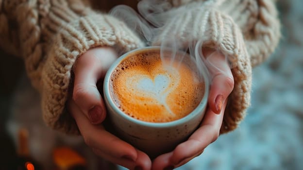 Coffee in a cup of smoke in the shape of a heart. Selective focus. Drink.