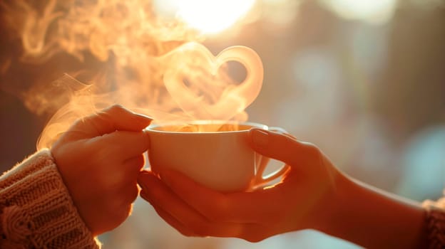 Coffee in a cup of smoke in the shape of a heart. Selective focus. Drink.