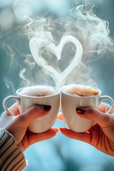 Coffee in a cup of smoke in the shape of a heart. Selective focus. Drink.