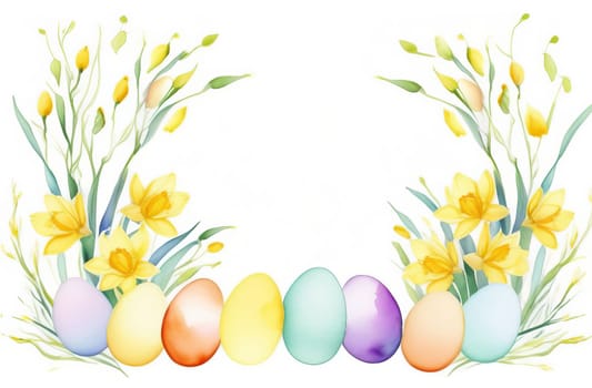 Watercolor drawing in pastel colors of a frame with space for text made of Easter eggs, willow branches and daffodil flowers.