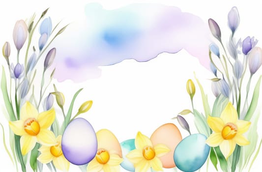 Watercolor drawing in pastel colors of a frame with space for text made of Easter eggs, willow branches and daffodil flowers.