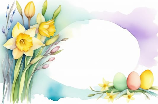 Watercolor drawing in pastel colors of a frame with space for text made of Easter eggs, willow branches and daffodil flowers.