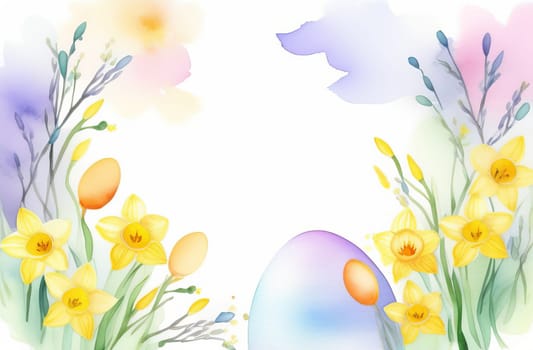 Watercolor drawing in pastel colors of a frame with space for text made of Easter eggs, willow branches and daffodil flowers.