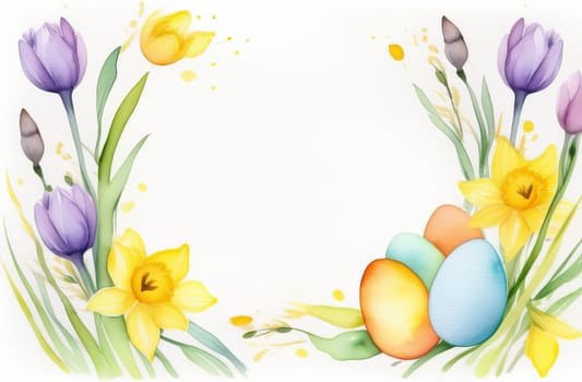 Watercolor drawing in pastel colors of a frame with space for text made of Easter eggs, willow branches and daffodil flowers.