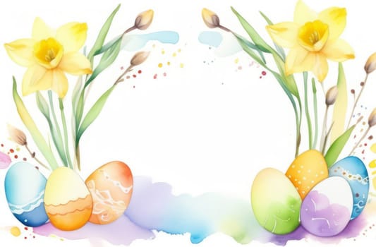 Watercolor drawing in pastel colors of a frame with space for text made of Easter eggs, willow branches and daffodil flowers.
