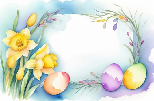 Watercolor drawing in pastel colors of a frame with space for text made of Easter eggs, willow branches and daffodil flowers.