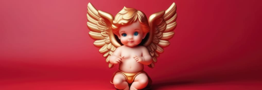 Illustration of greeting card of figurine of cute, funny baby cupid angel with gold curly hair on pastel colors background. Promotion, shopping template for love and valentines, mothers day concept