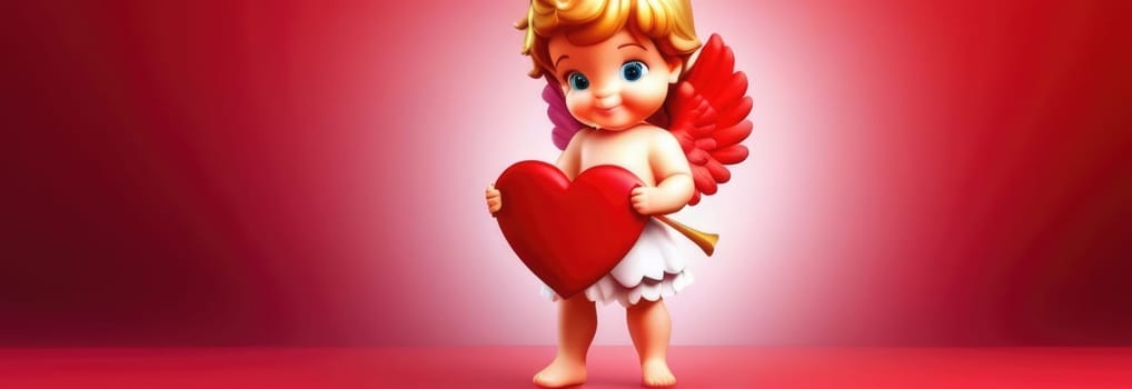 Illustration of greeting card of figurine of cute, funny baby cupid angel with gold curly hair on pastel colors background. Promotion, shopping template for love and valentines, mothers day concept