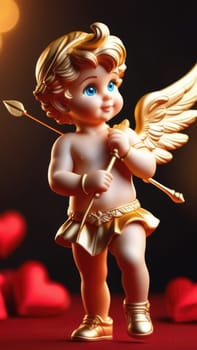 Illustration of greeting card of figurine of cute, funny baby cupid angel with gold curly hair on pastel colors background. Promotion, shopping template for love and valentines, mothers day concept