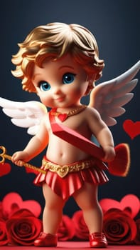 Illustration of greeting card of figurine of cute, funny baby cupid angel with gold curly hair on pastel colors background. Promotion, shopping template for love and valentines, mothers day concept