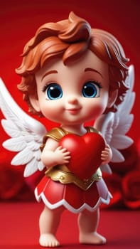 Illustration of greeting card of figurine of cute, funny baby cupid angel with gold curly hair on pastel colors background. Promotion, shopping template for love and valentines, mothers day concept