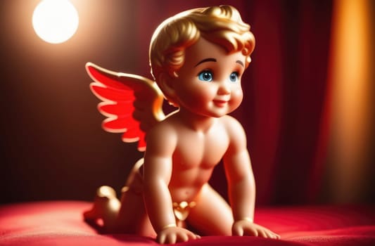 Illustration of greeting card of figurine of cute, funny baby cupid angel with gold curly hair on pastel colors background. Promotion, shopping template for love and valentines, mothers day concept