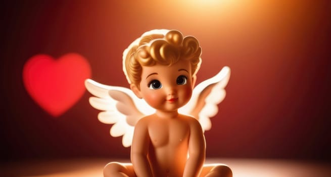 Illustration of greeting card of figurine of cute, funny baby cupid angel with gold curly hair on pastel colors background. Promotion, shopping template for love and valentines, mothers day concept