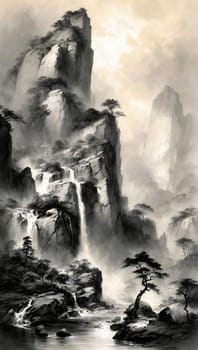 Black and white mountain landscape. AI generated