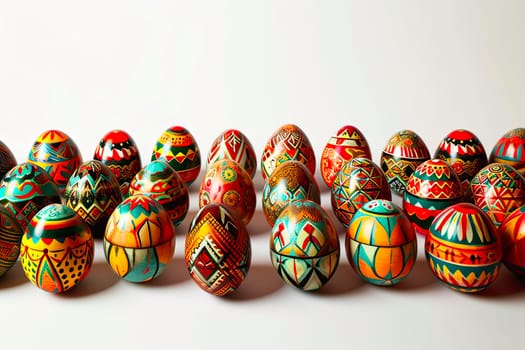 The eggs stand side by side at equal intervals. A set of stylish hand-painted Easter eggs. They are visible on a white background. Easter egg print.