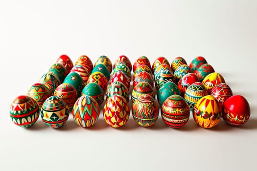 A set of colourful Easter eggs seen from above. Multiple pieces of coloured eggs on a white background. Easter holiday decorations. Easter eggs arranged in a square shape.
