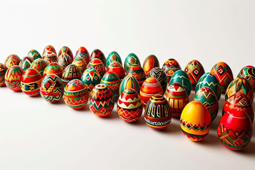 Multiple Easter egg pieces arranged in a rectangular shape. Easter arrangement with coloured eggs. Easter eggs carefully painted in many different colours.