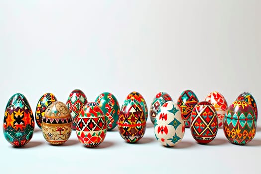 Original and unique designs painted on eggshells. A set of hand-painted Easter eggs. Multiple Easter egg pieces stand side by side on a white background.
