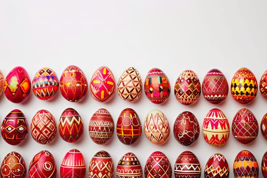 Coloured Easter eggs lie on a white background. The eggs are arranged regularly, evenly spaced. The shells are coloured in shades of brown, pink and beige.