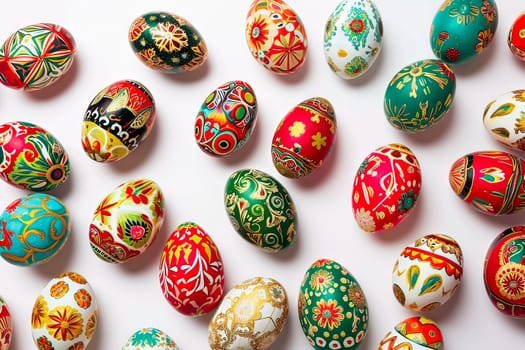 Colourful coloured painted Easter eggs seen from above. Easter decorations on a white background. Multicoloured eggs with dyed shells.