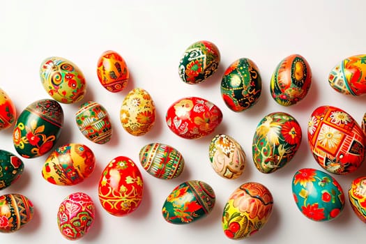 An aerial view of the hand-painted Easter eggs. The eggs have traditional designs on them. The Easter eggs are in shades of red, green and brown.