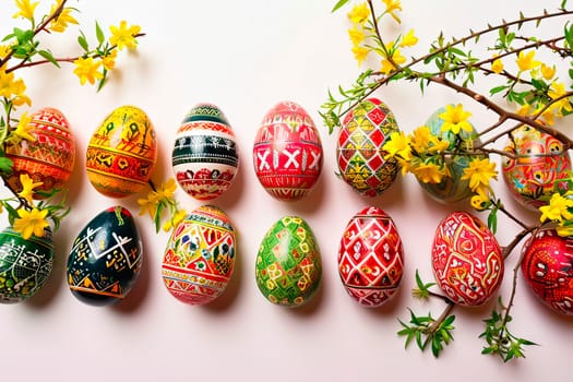 Easter eggs and sprigs from the forsythia bush lie on a white ground. Each Easter egg has a different, unique design on it.