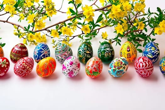 White top decorated with Easter decoration. Hand-painted Easter eggs and sprigs of forsythia lie on a white base.
