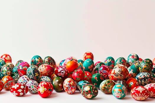 Easter eggs painted in a variety of colours and shades. Some of the Easter eggs have intricate designs on them. The eggs lie on top of each other in large numbers.