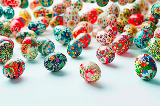 An aerial view of the colourful hand-painted Easter eggs. Traditional Easter egg painting in preparation for Easter.