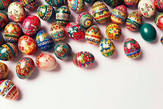 A large number of eggs lie on the countertop. The eggs are painted with paints in various colourful patterns. Not all the Easter eggs are finished.