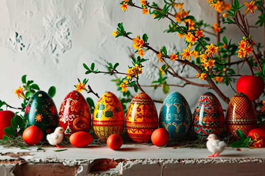 Colourful Easter eggs stand in an even row on the windowsill. A white lace curtain can be seen in the background. In the foreground, little chickens walk around.