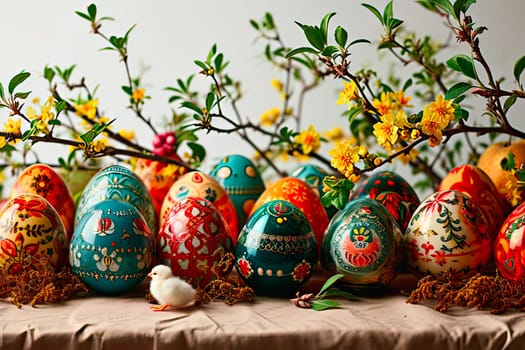 There are many Easter eggs on a table covered with a white tablecloth. The eggs are dyed with paints. They have intricate designs on them. At the back you can see the branches of a forsythia bush.