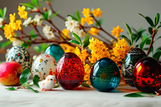 Blurred background. A blurred grey wall and forsythia branches can be seen in the background. Easter eggs made of coloured glass stand in the foreground. In front of them walk little chickens.