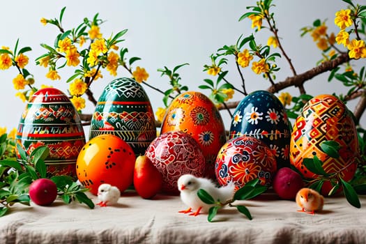 A table covered with a white tablecloth. Painted Easter eggs stand on the table. In the foreground stand little chickens. In the background you can see forsythia branches.