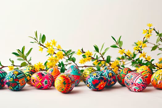 The eggs have colourful shells. They are hand-decorated in patterns. The Easter eggs lie on a white background. Both have branches with leaves and yellow flowers.