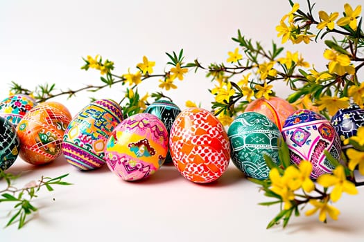 Coloured Easter eggs arranged in a row under a sprig of forsythia. Centrepiece arranged on a white background. The Easter eggs have very detailed designs on them.