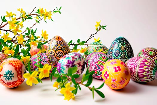 Close-up of Easter eggs painted in bright colours. Next to the Easter eggs are branches cut from a forsythia bush. An Easter centrepiece on a white background.