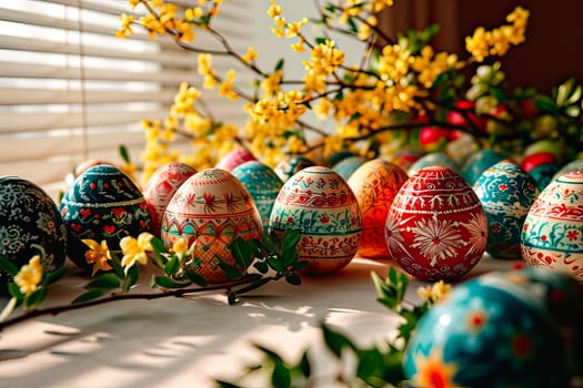 A window partially obscured by a blind is visible in the background. Traditional Easter symbols lie on the window sill. Next to the Easter eggs are spring flowers from blooming trees.