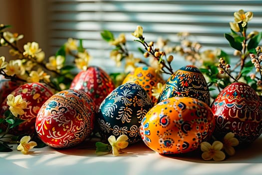 An Easter centrepiece arranged on a windowsill by the window. The window is covered with a blind. Next to the Easter eggs are small spring flowers.
