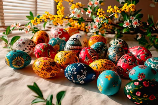 A large number of colourful Easter eggs lie on a white tablecloth. The Easter eggs are by a window from which a soft light falls. At the back you can see a branch from a spring tree.