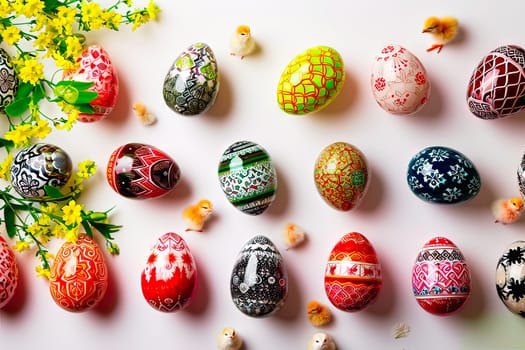 Eggs with shells painted with coloured paints lie on a white ground. View from above. Between the eggs are little chickens.