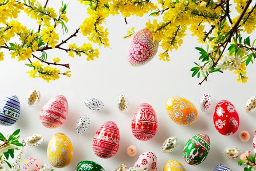 From above, you can see the coloured eggs lying on the white tabletop. The Easter eggs are painted with different coloured paints. Branches cut from forsythia bushes are lying in some places.