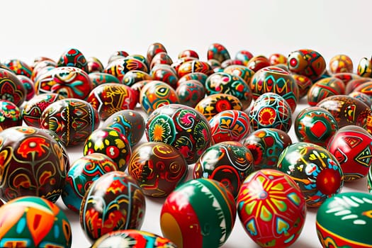 Easter eggs painted in traditional patterns. Aerial view of a large number of Easter eggs lying side by side on a white background.