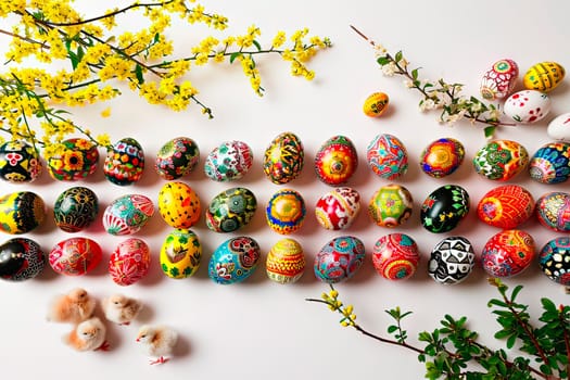 An aerial view of the Easter eggs arranged on a white ground. The eggs are arranged in even rows. Next to them are little chickens and spring flowers.